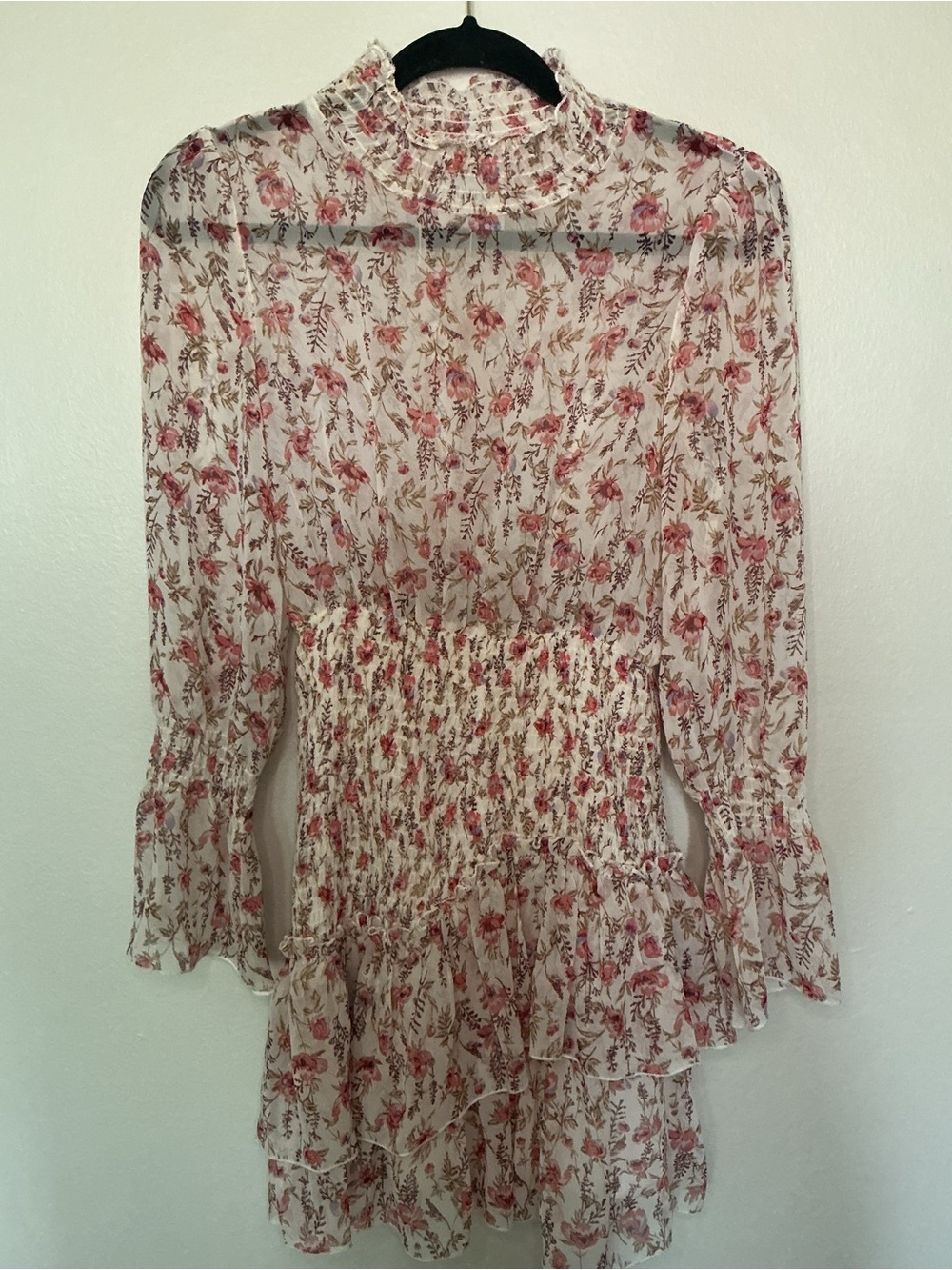 Princess Polly Guetta Floral Ruffle High-Neck Mini Dress - Ivory with Pink Roses